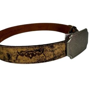 Leather Belt Large Silver Toned Buckle Sz 32 Tan Brown Tribal Wide Burnt EUC
